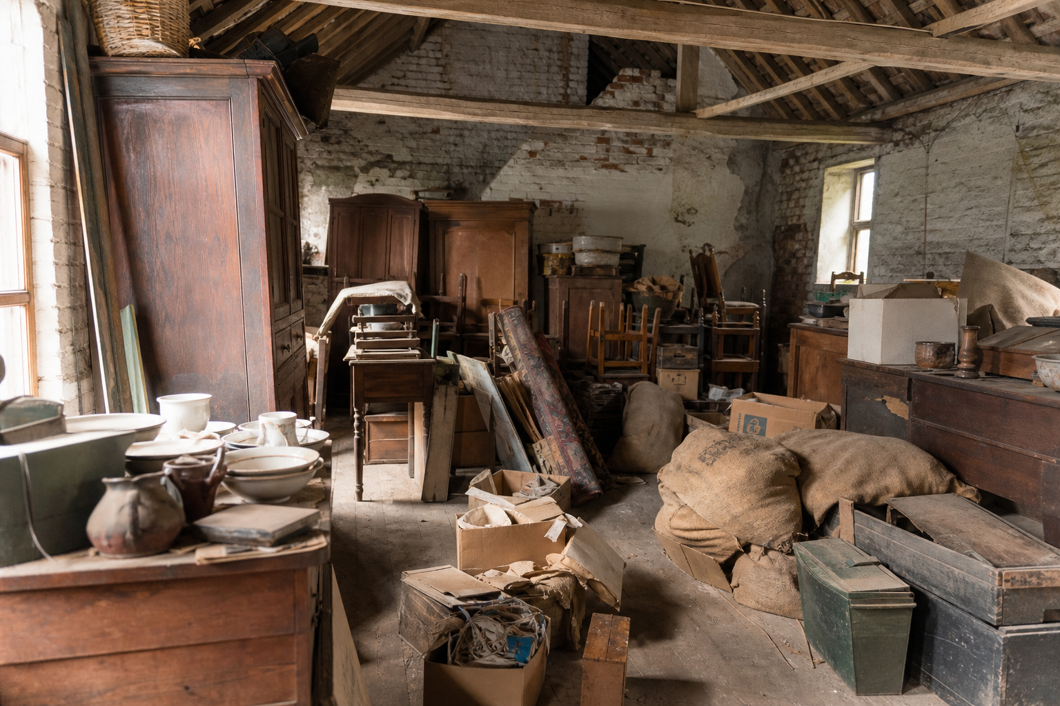 Débarras de grenier à grains et corps de logis à Waremme : avant, en cours et après — avant débarras