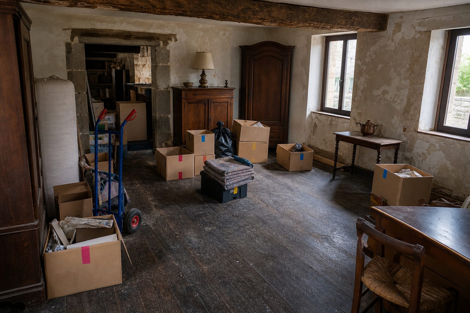 Vide maison villageoise avec grange à Wellin : avant, en cours et après — intervention en cours