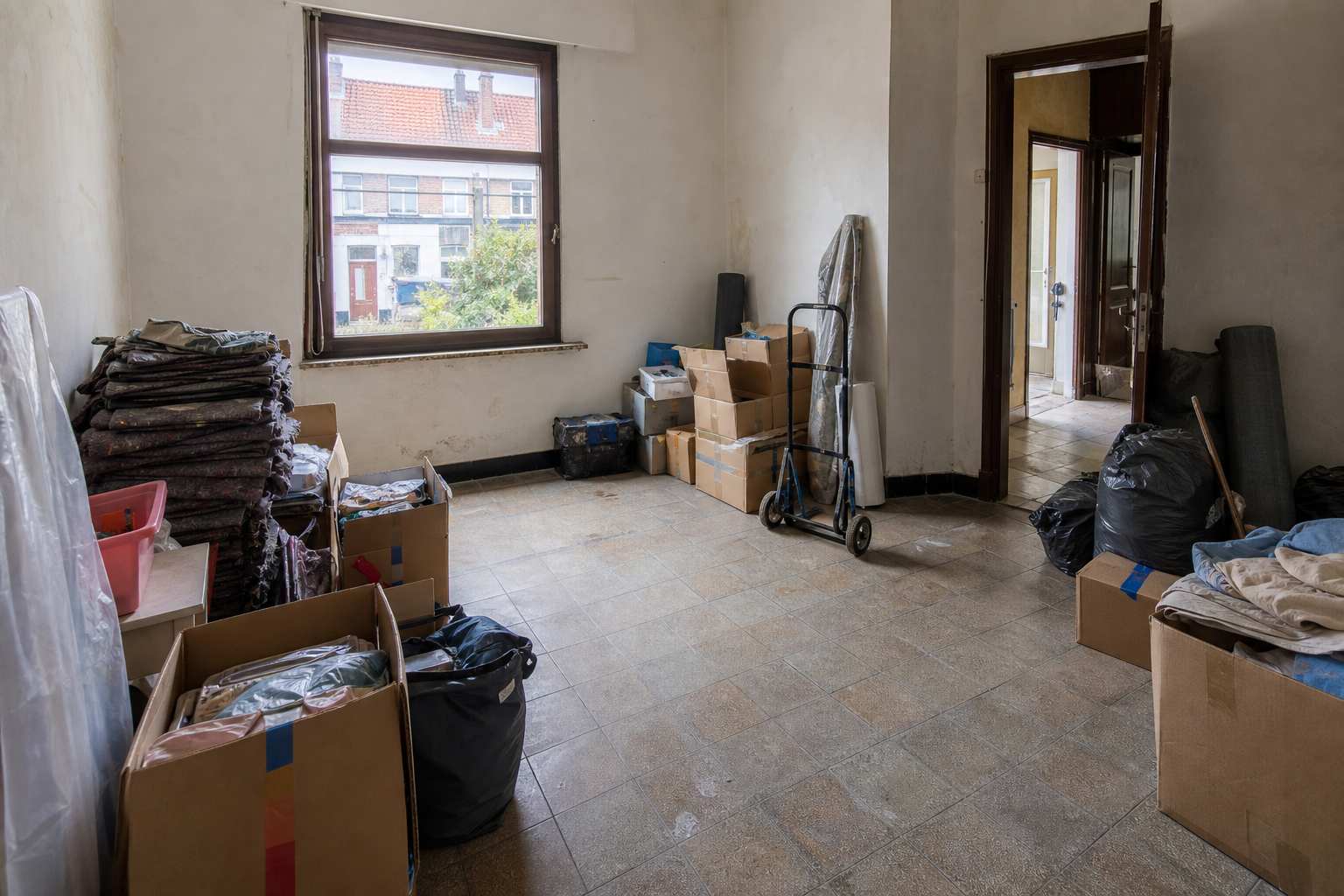 Vide maison ouvrière mitoyenne à Wervik : avant, en cours et après — intervention en cours