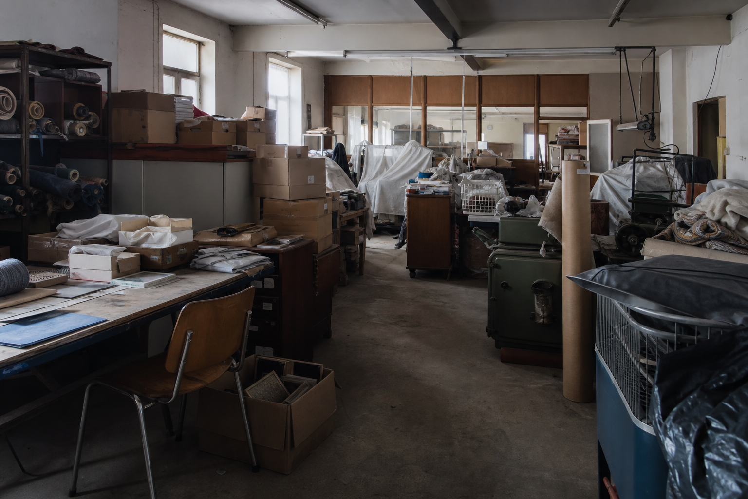 Vide atelier textile et bureaux à Wevelgem : avant, en cours et après — avant débarras