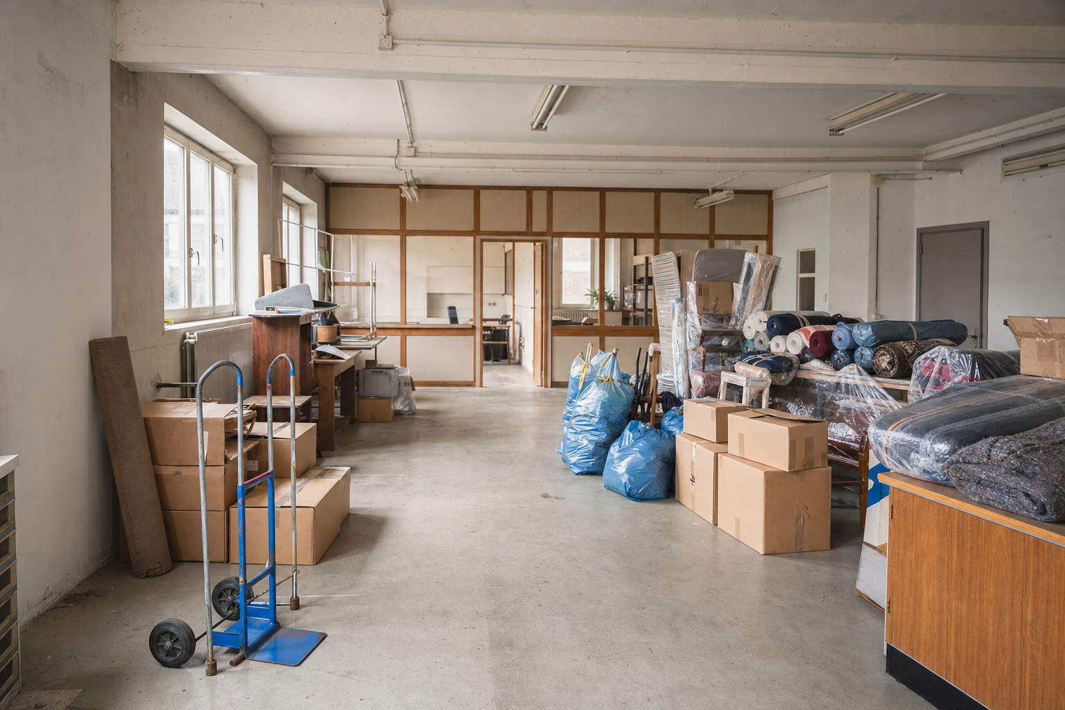Vide atelier textile et bureaux à Wevelgem : avant, en cours et après — intervention en cours