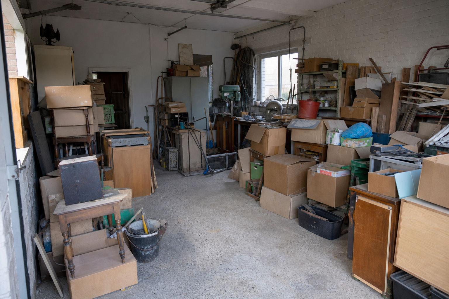 Vide garage-atelier à Wielsbeke : avant, en cours et après — avant débarras