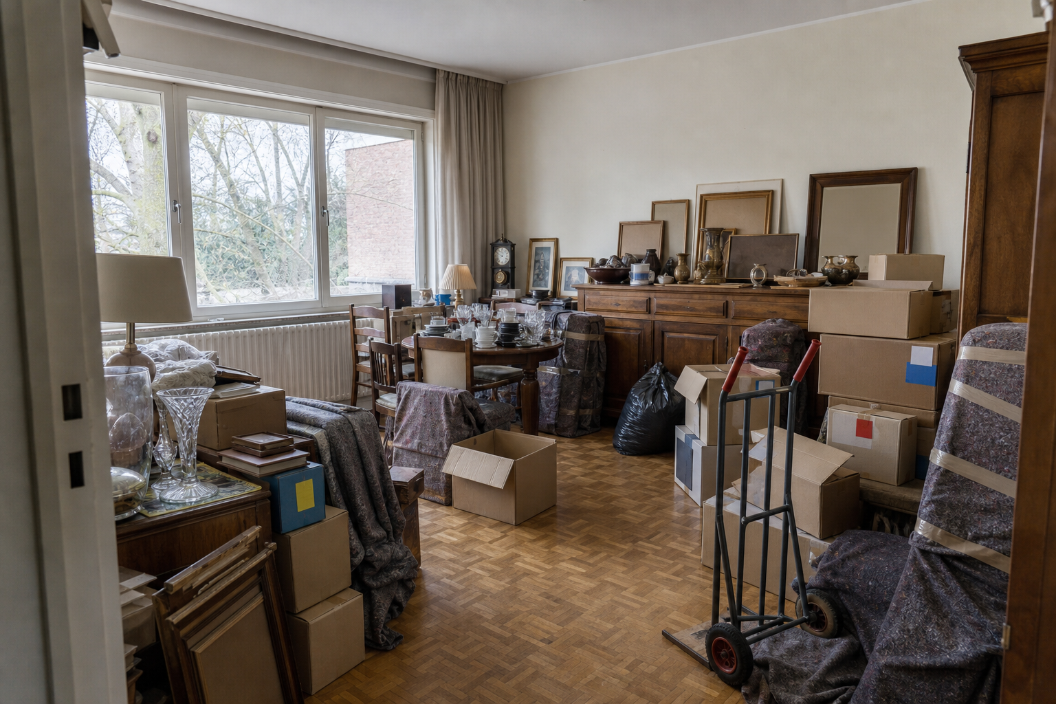 Débarras après départ en maison de repos à Woluwe-Saint-Lambert : avant, en cours et après — intervention en cours